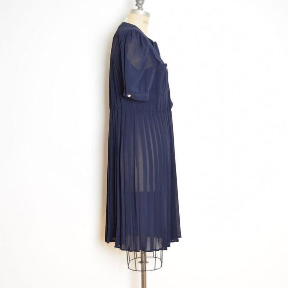 vintage 80s dress navy blue pleated bow military secretary midi tea dress M - Picture 5 of 9